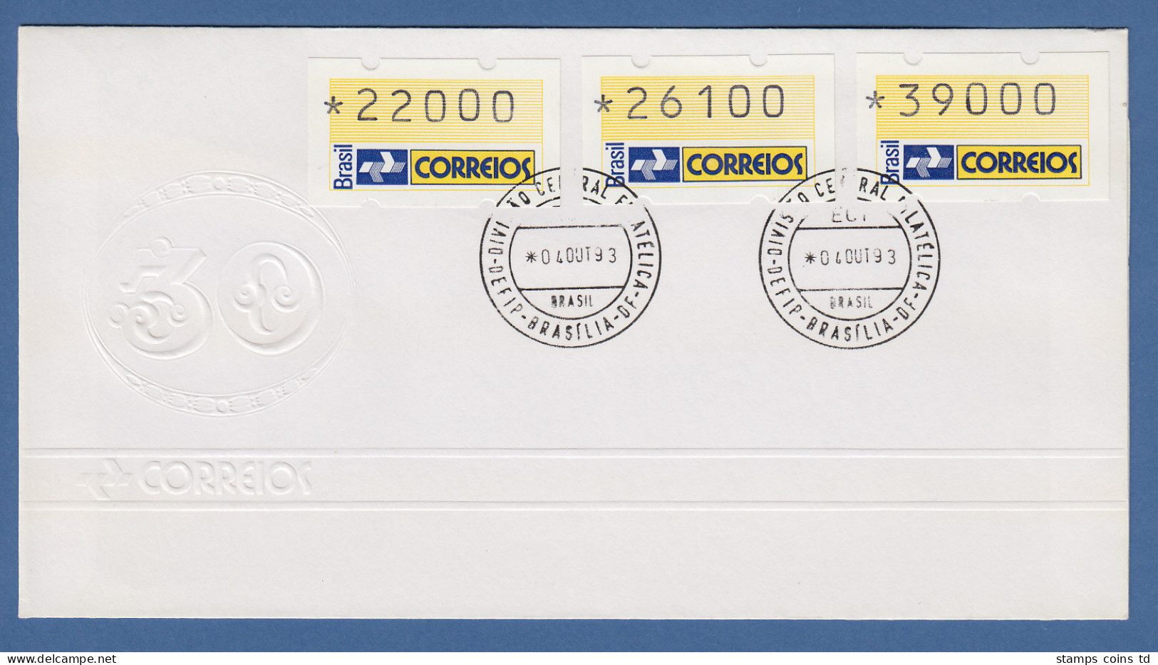 Brasilien ATM Postemblem, Mi.-Nr. 4, Satz 22000-26100-39000 Auf Offiziellem FDC - Automatenmarken (Frama)