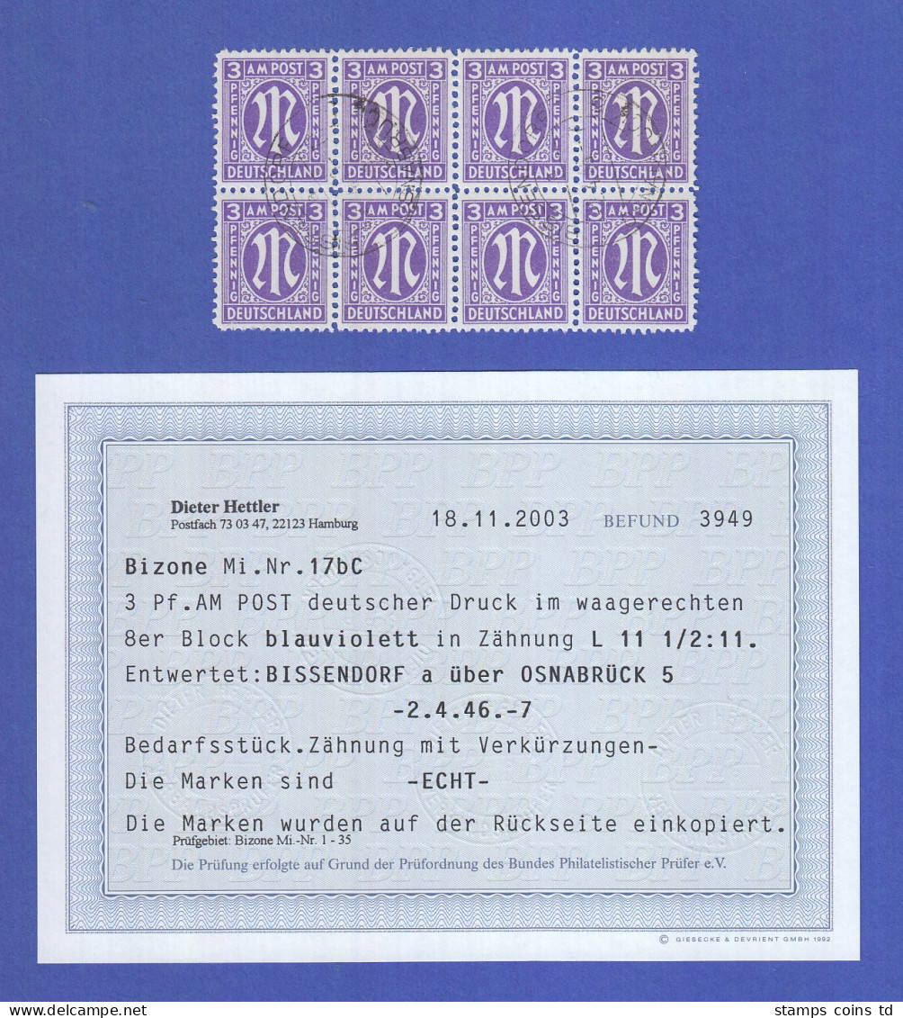 Bizone AM-Post 3 Pfg Mi.-Nr. 17b C Gute Farbe / Zähnung  8er-Block O Befund BPP - Used