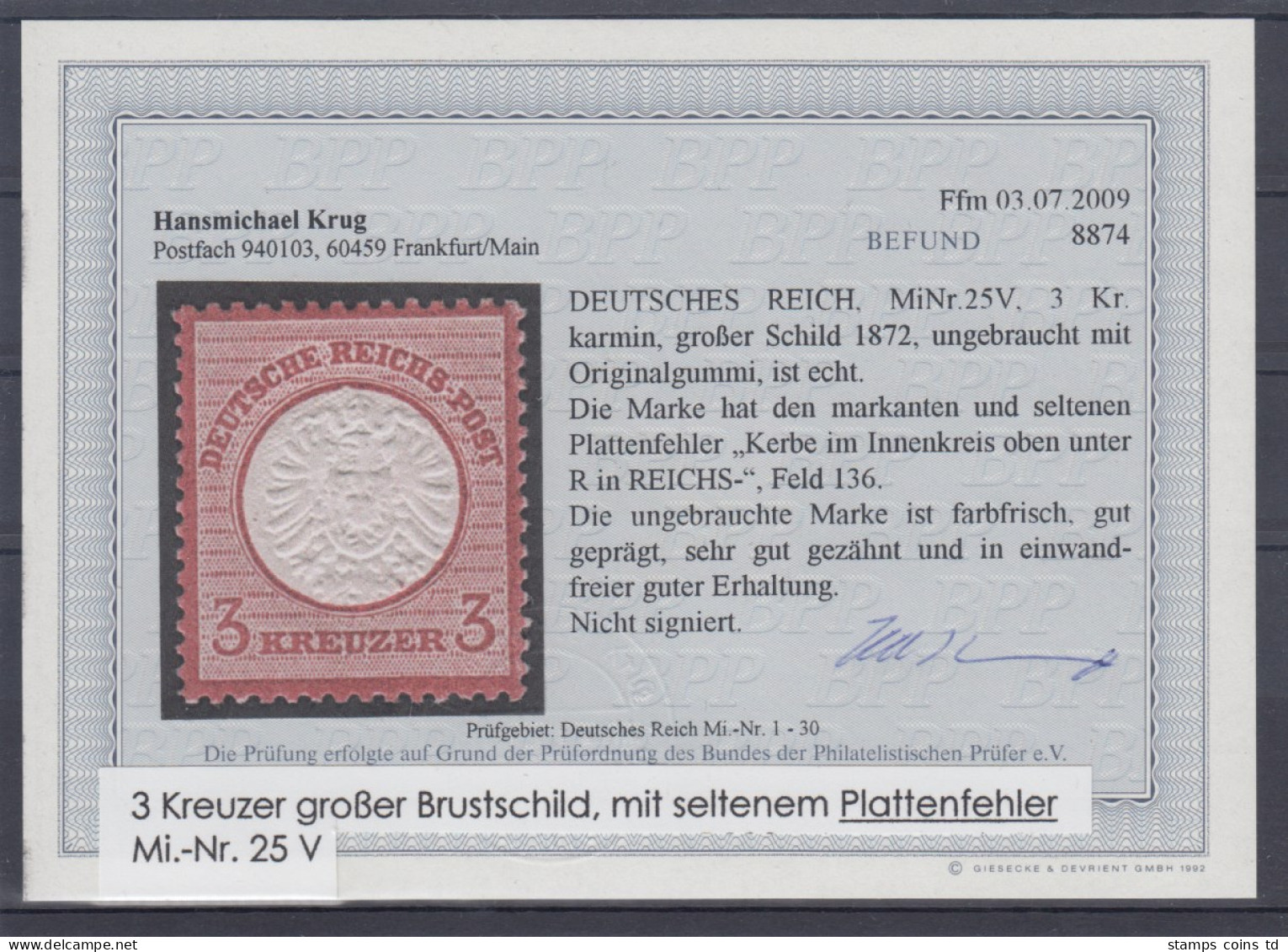 Dt. Reich Großer Brustschild, Mi.-Nr. 25 * Mit Seltenem Plattenfehler V  - Unused Stamps