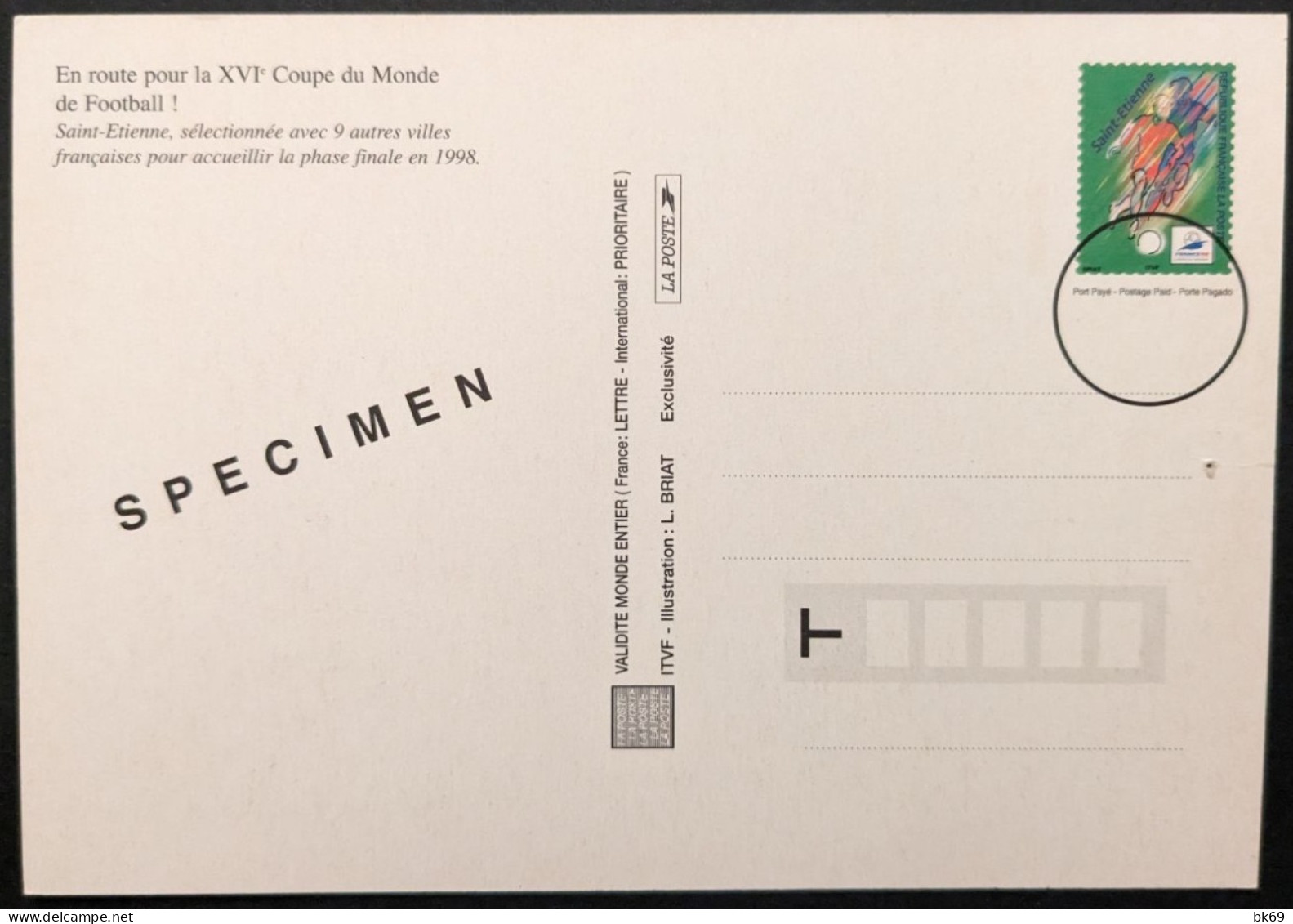 Entier Surchargé Spécimen 3012-CP1 SV1 St Etienne France 98 Coupe Du Monde De Football - Andere & Zonder Classificatie