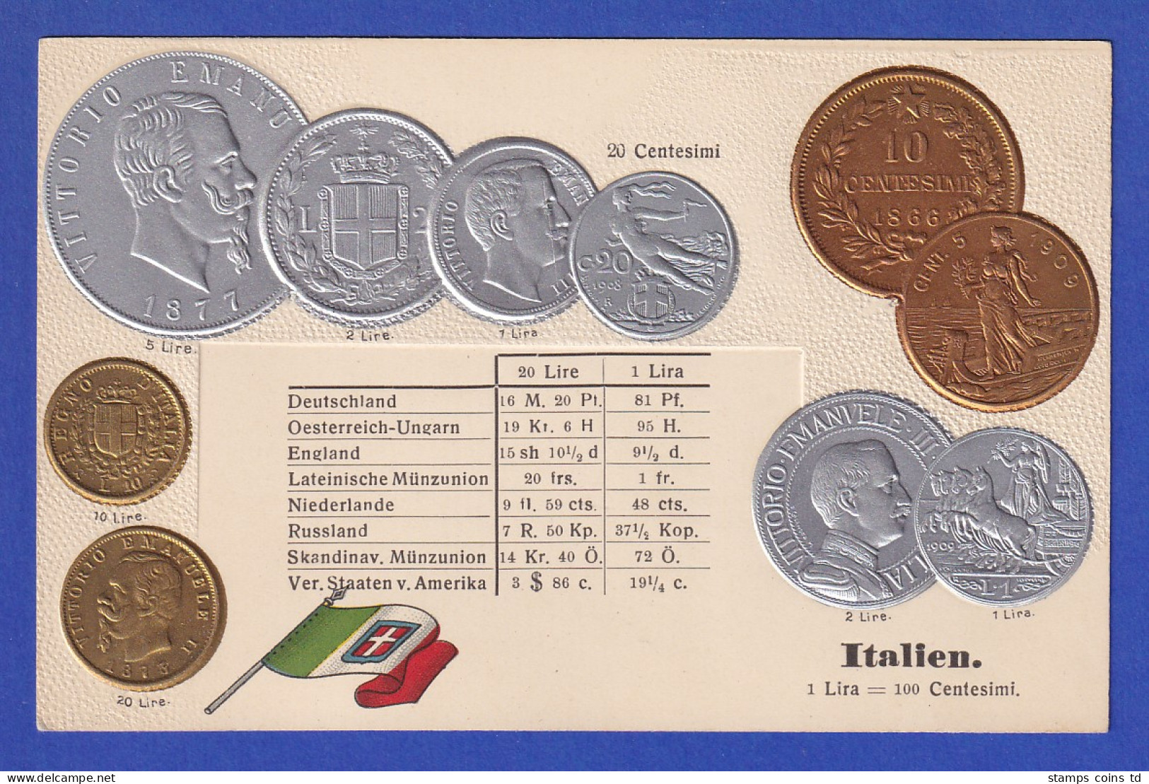 Historische Postkarte Münzen Italien, Edler Prägedruck, Silber Und Golden !  - 100 - 499 Cartes
