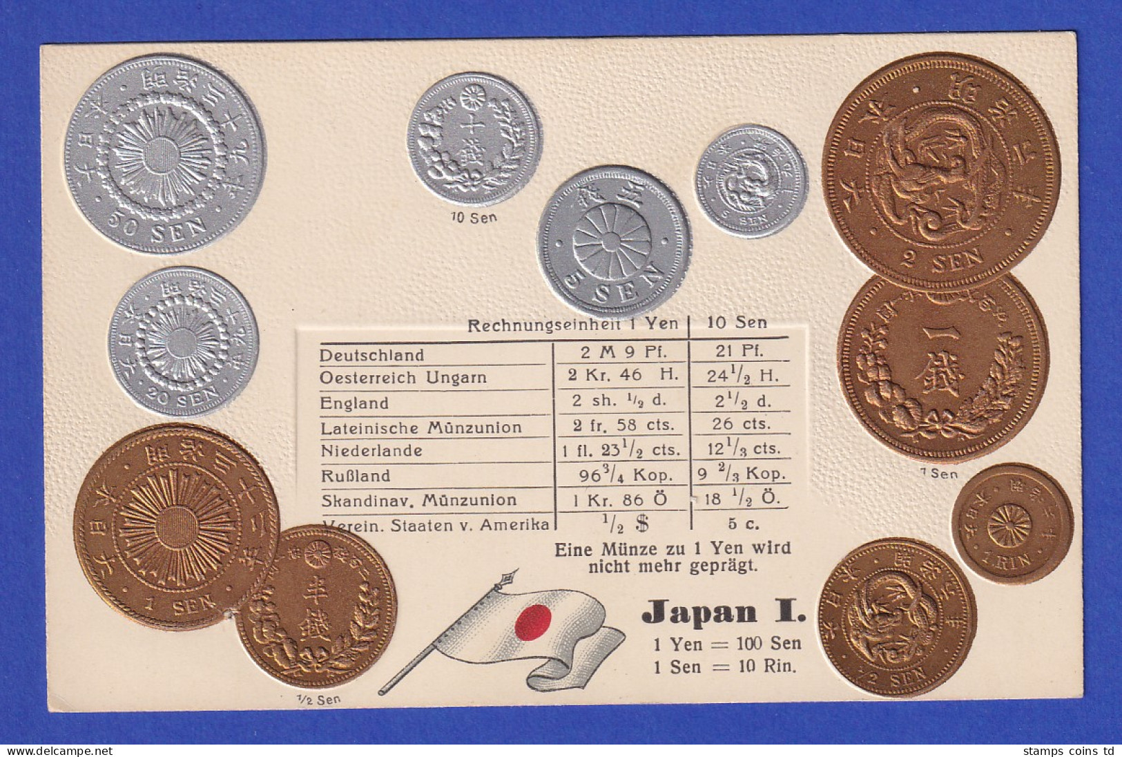 Historische Postkarte Münzen Japan I, Edler Prägedruck, Silber Und Golden !  - 100 - 499 Cartes