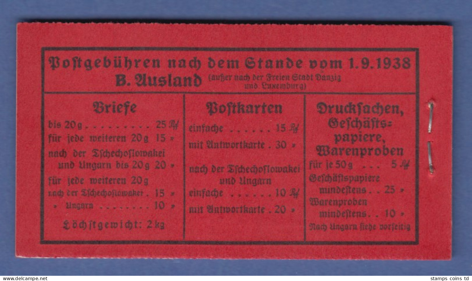 Deutsches Reich 1939 Hindenburg Markenheftchen MH 37.4 ** - Markenheftchen