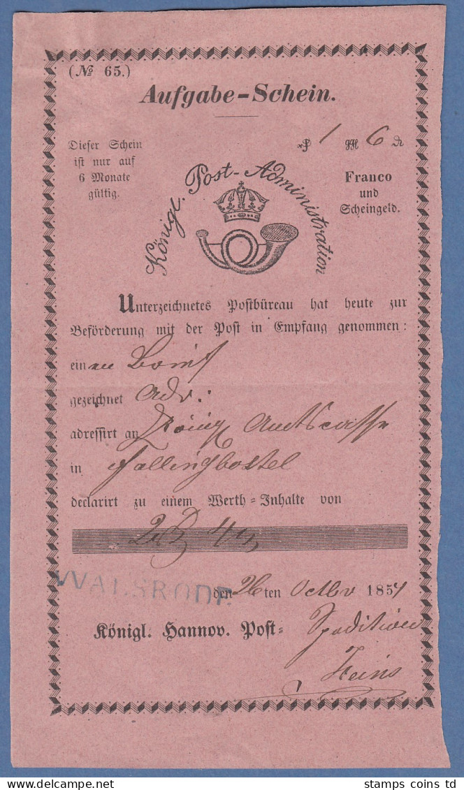 Hannover, Rosa Postaufgabeschein Mit Einzeiler WALSRODE 1854 - Andere & Zonder Classificatie