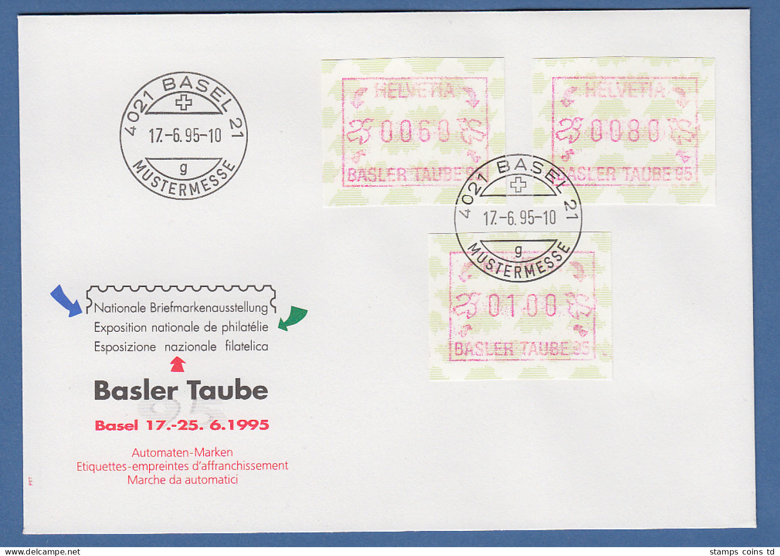 Schweiz Sonder-ATM BASLER TAUBE 1995, Offiz. FDC Mit Satz 60-80-100 - Sellos De Distribuidores