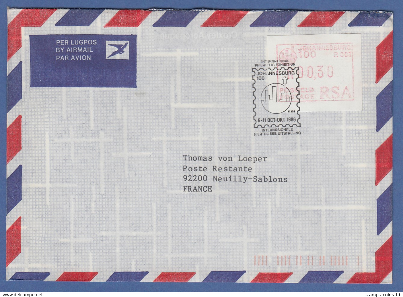 RSA 1986 Sonder-ATM Johannesburg Mi.-Nr 2 Wert 0,30 Auf Brief Nach Frankreich - Automatenmarken (Frama)