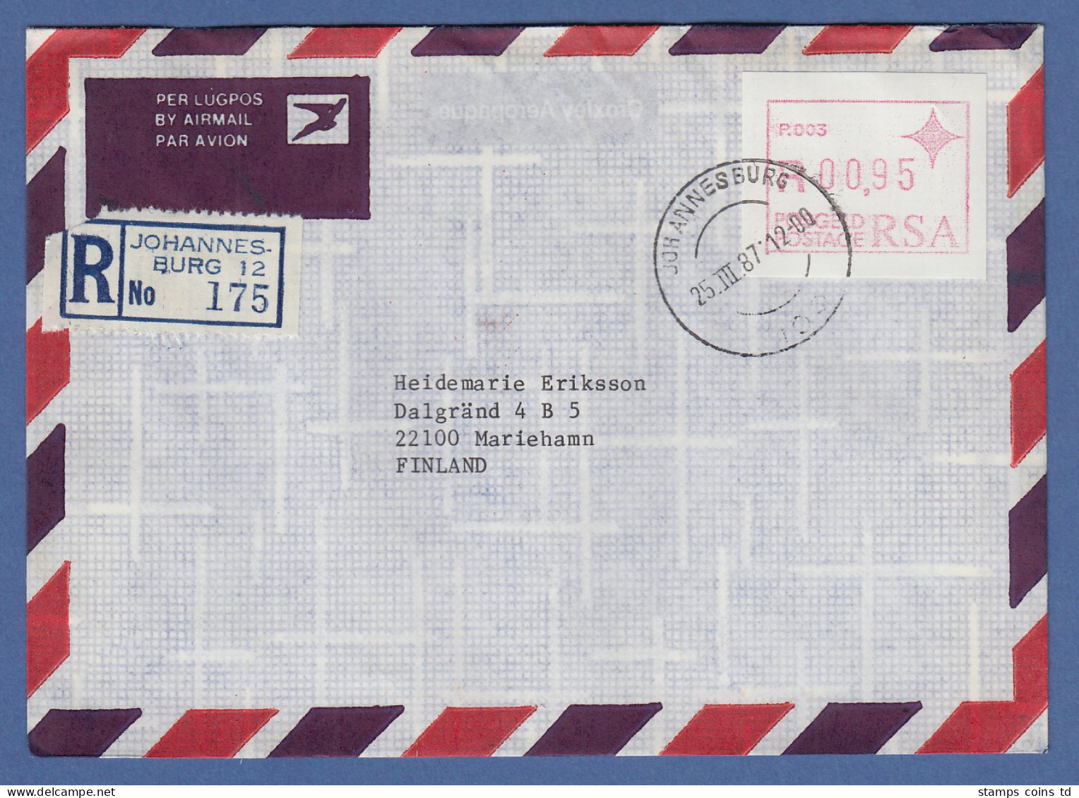 RSA Frama-ATM P.003 Aus OA Hoher Wert 0,95 Auf R-Brief Mit ET 25.3.87 O Klein - Automatenmarken (Frama)