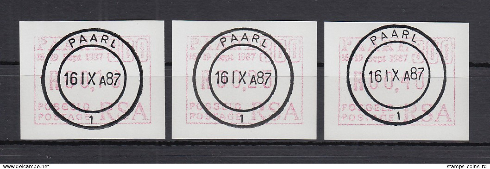 RSA 1987 Sonder-ATM PAARL Mi.-Nr. 4 Satz 16-25-40 Mit Voll-O 16-25-40 - Viñetas De Franqueo (Frama)