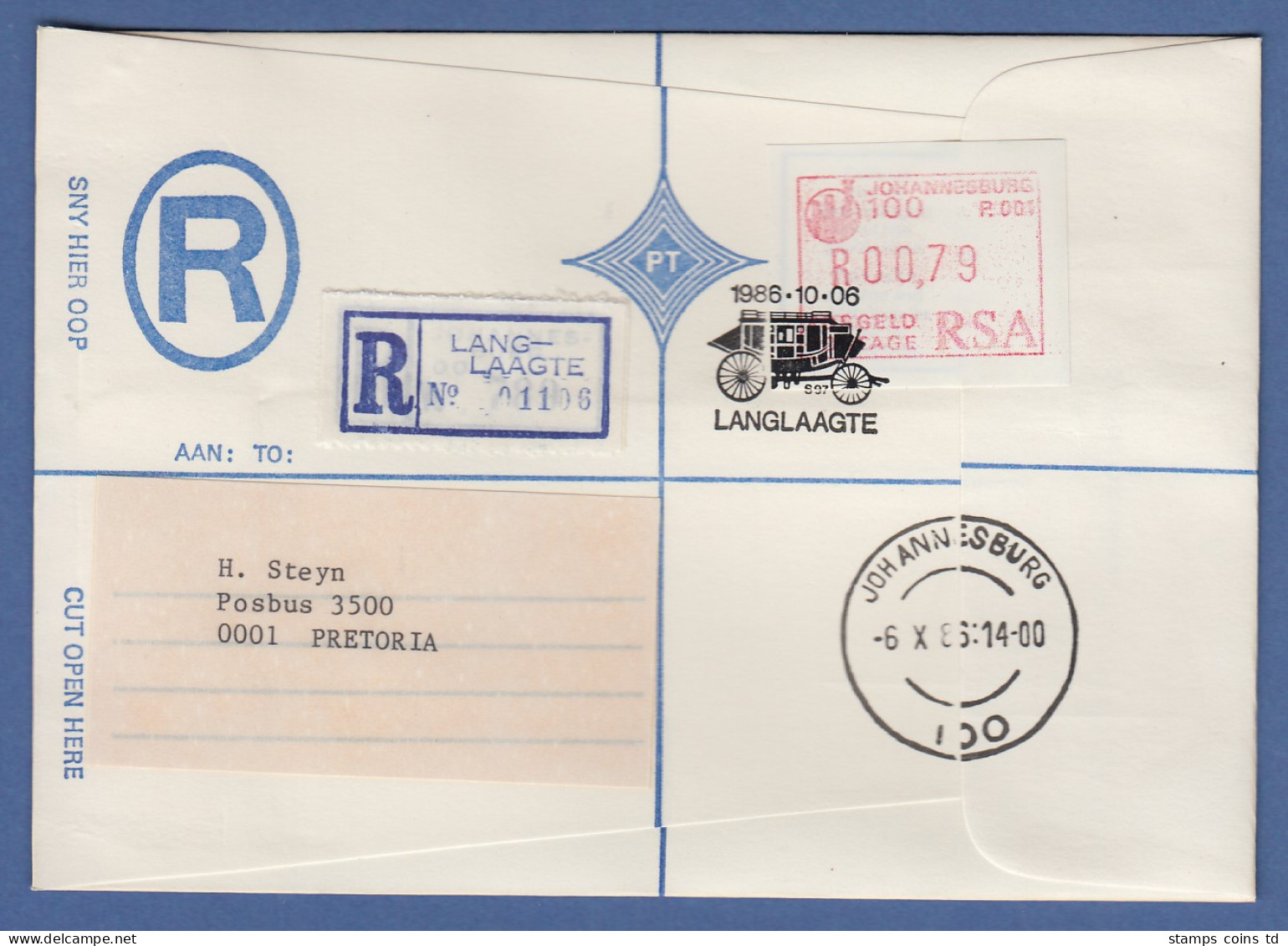 RSA 1986 Sonder-ATM Johannesburg Mi.-Nr 2 Hoher Wert 0,79 A. Inlands-R-Brief - Frama Labels