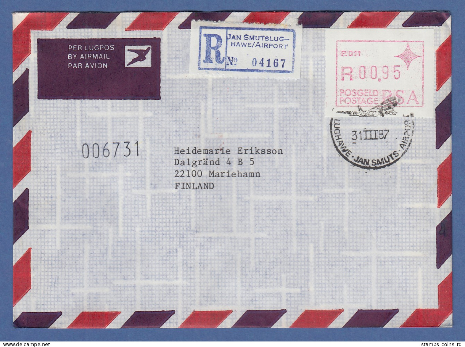 RSA Frama-ATM P.011 Aus OA Hoher Wert 0,95 Auf R-Brief Nach Finnland ET 31.3.87 - Frama Labels