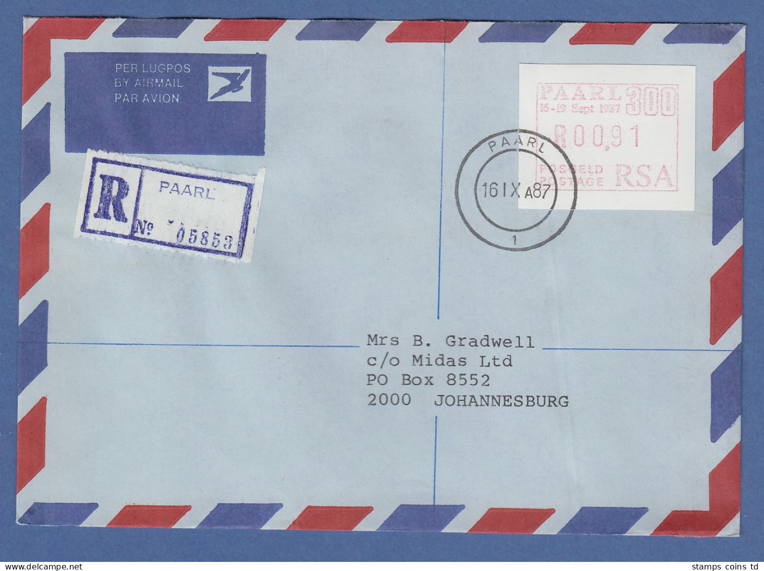 RSA 1987 Sonder-ATM PAARL Wert 00,91 Auf Inlands-R-FDC - Frama Labels