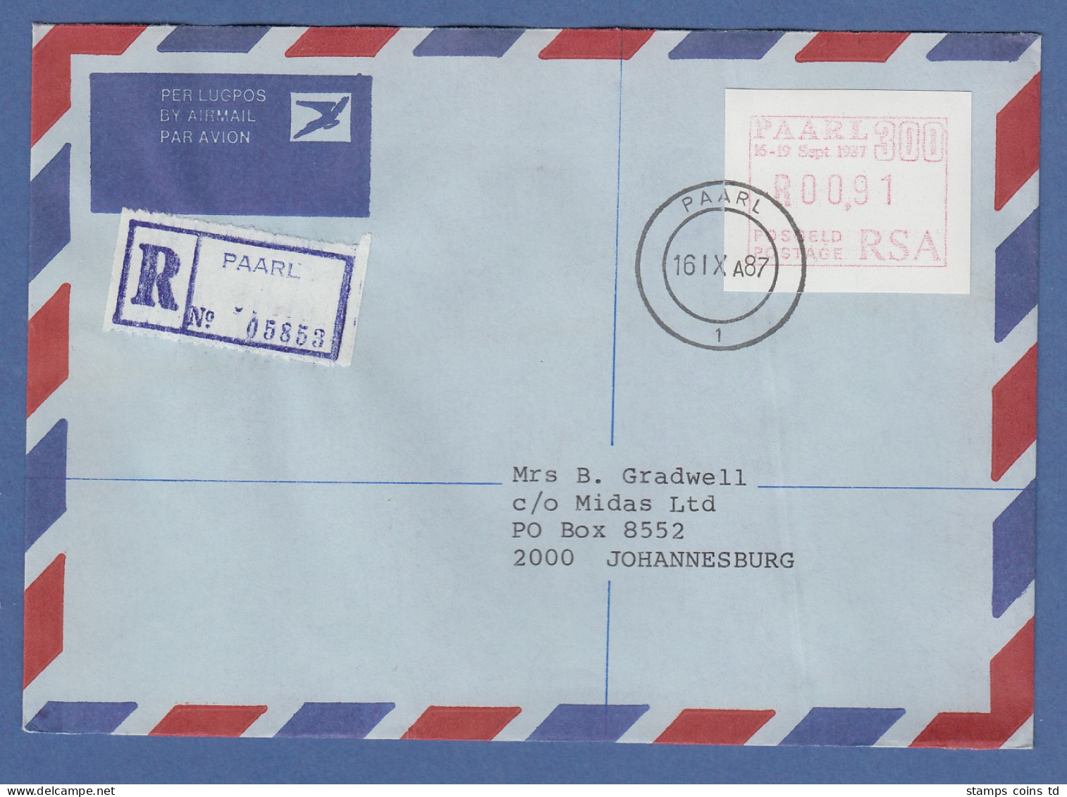 RSA 1987 Sonder-ATM PAARL Wert 00,91 Auf Inlands-R-FDC - Automatenmarken (Frama)