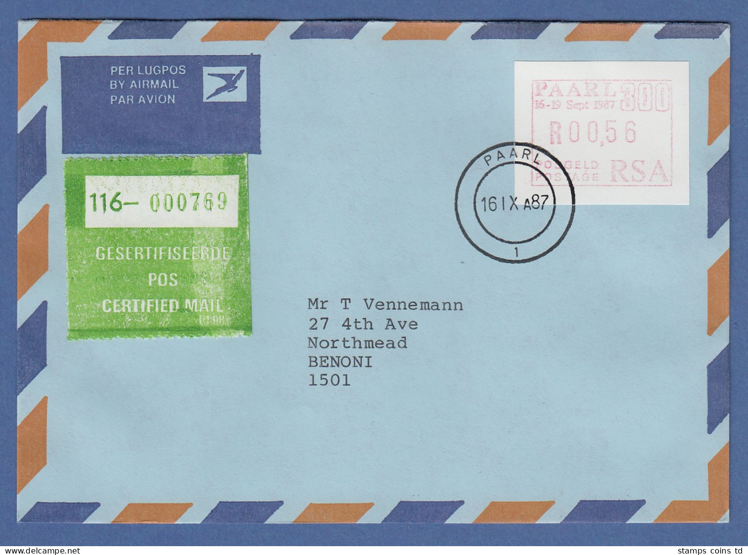 RSA 1987 Sonder-ATM PAARL Wert 00,56 Auf Inlands-Certified-FDC - Frama Labels