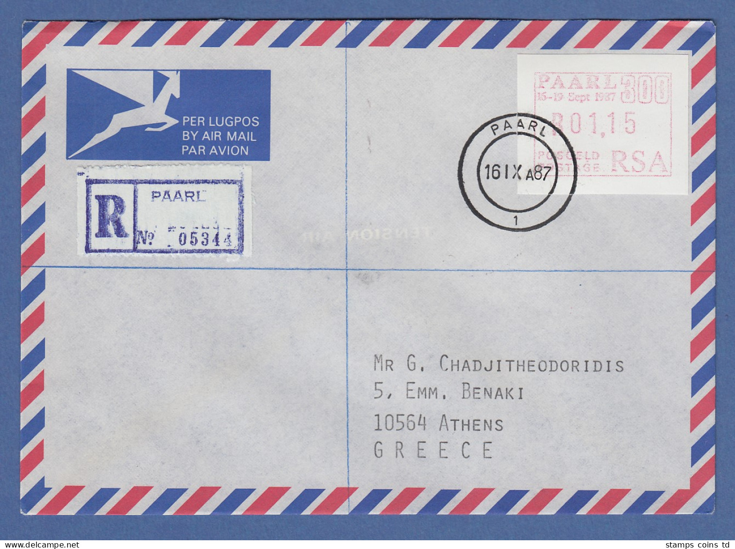 RSA 1987 Sonder-ATM PAARL Wert 01,15 Auf R-FDC Nach Griechenland - Viñetas De Franqueo (Frama)