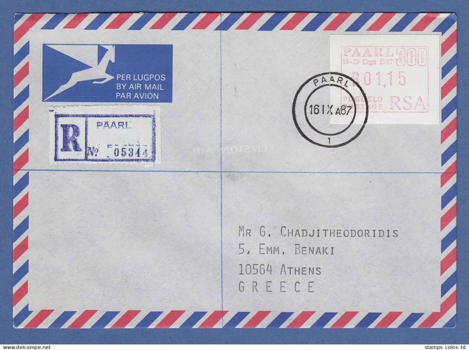 RSA 1987 Sonder-ATM PAARL Wert 01,15 Auf R-FDC Nach Griechenland - Frama Labels