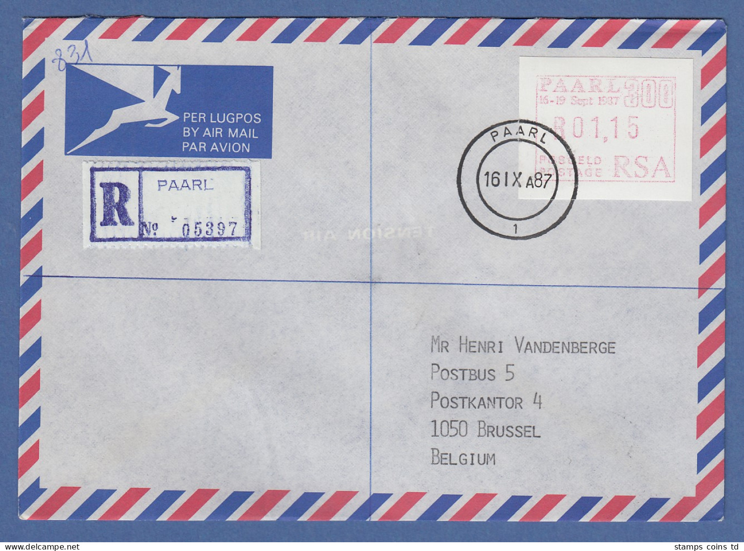 RSA 1987 Sonder-ATM PAARL Wert 01,15 Auf R-FDC Nach Belgien - Automatenmarken (Frama)