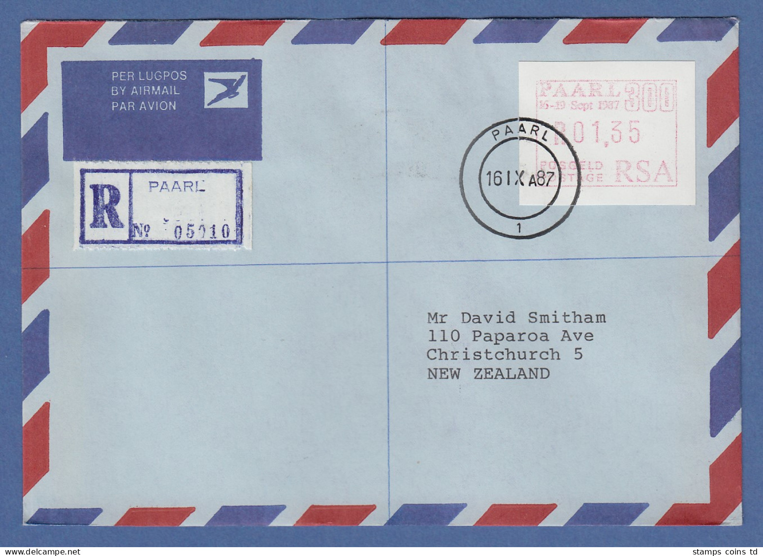 RSA 1987 Sonder-ATM PAARL Wert 01,35 Auf R-FDC Nach Neuseeland - Automatenmarken (Frama)