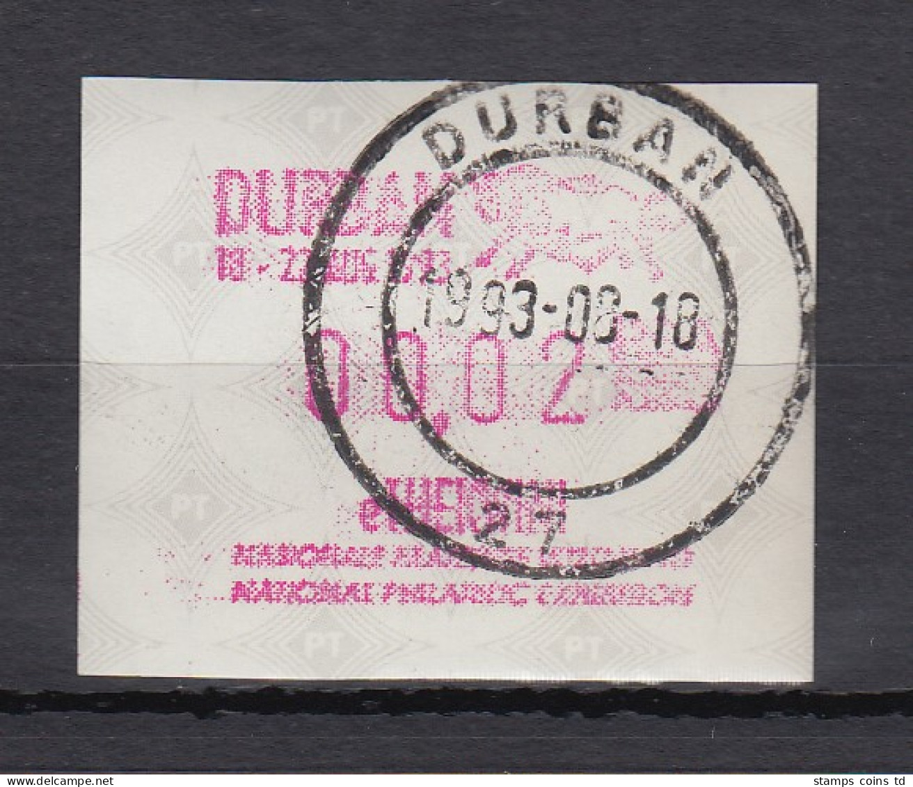 Südafrika 1993 Sonder-ATM E'Thekwini Durban Aus OA Kleinwert 00,02 Gestempelt - Automatenmarken (Frama)