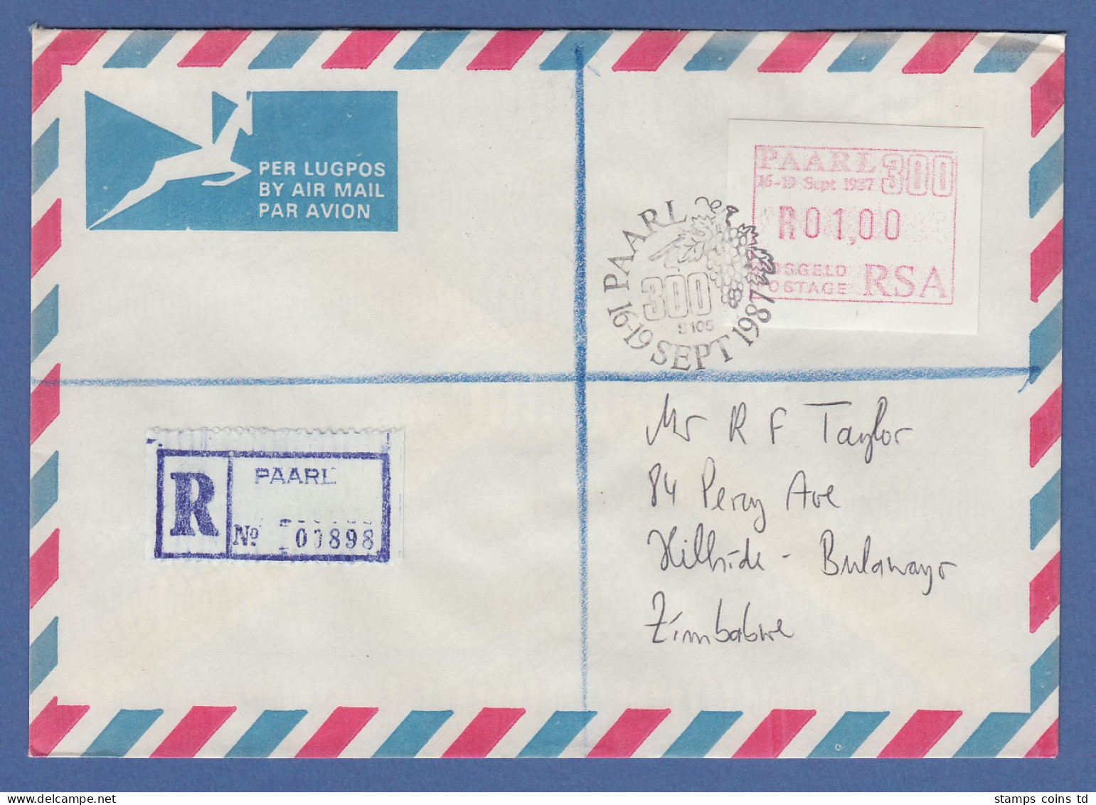 RSA Südafrika 1987 Sonder-ATM PAARL Wert 01,00 Auf R-Brief Nach Simbabwe - Automatenmarken (Frama)