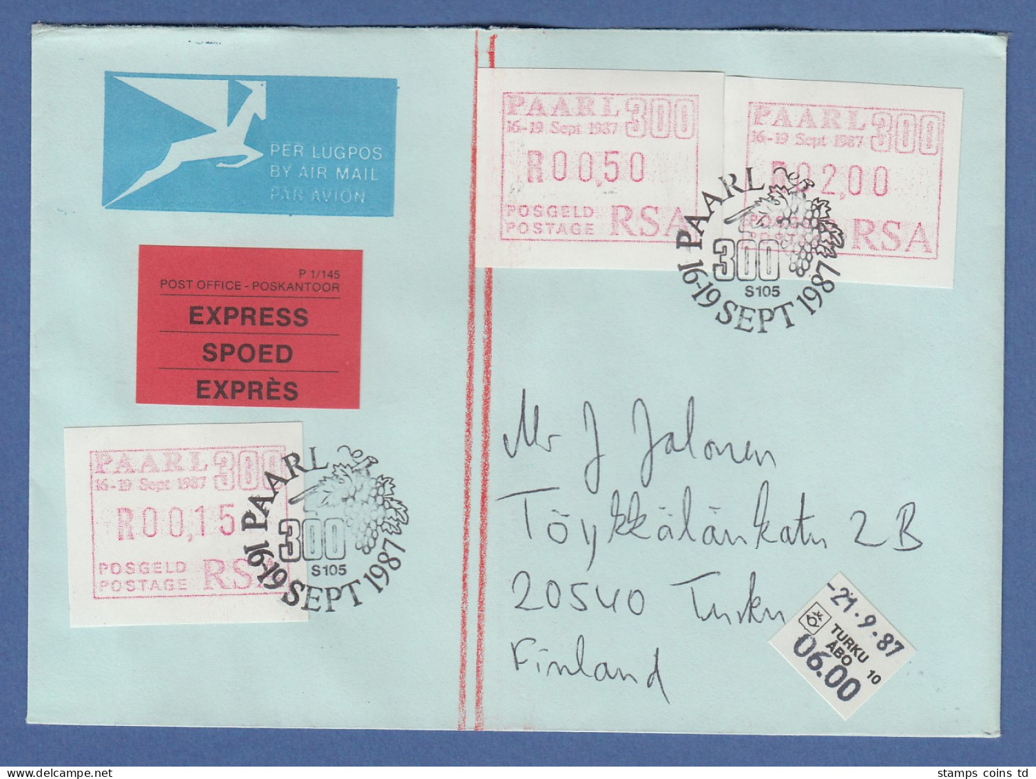 RSA 1987 Sonder-ATM PAARL Werte 15-50-200 Auf  Express-Brief Nach Finnland - Frama Labels