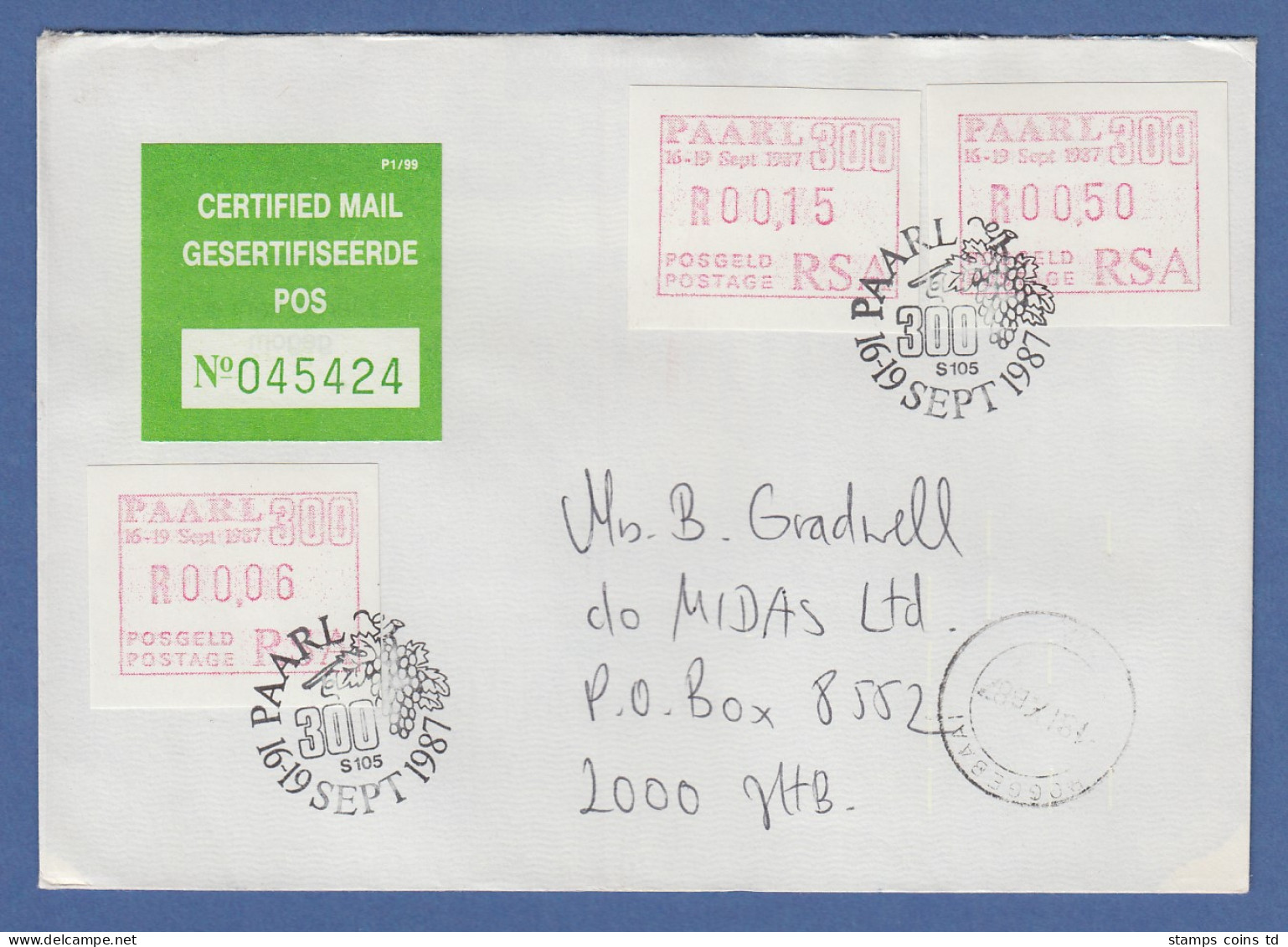 RSA Südafrika 1987 Sonder-ATM PAARL Certified-Brief Mit 3 ATM 0,06-0,15-0,50  - Viñetas De Franqueo (Frama)