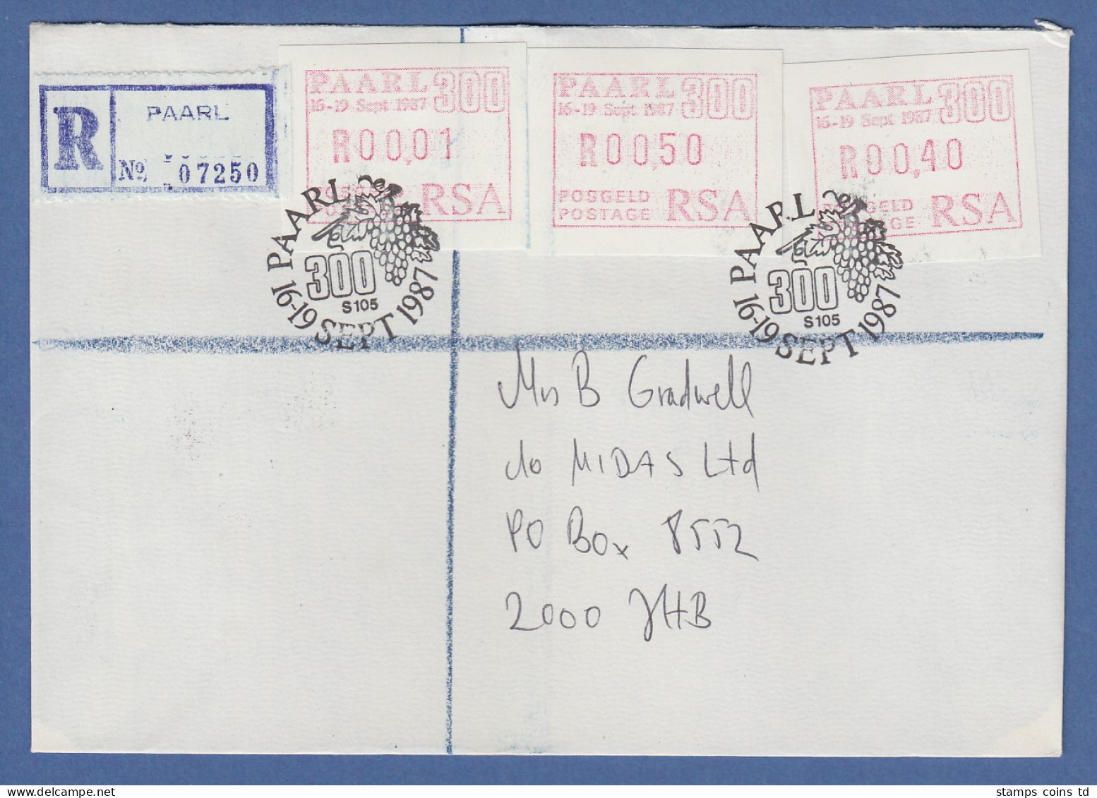 RSA Südafrika 1987 Sonder-ATM PAARL R-Brief Mit 3 ATM 1 - 40 - 50   - Frama Labels