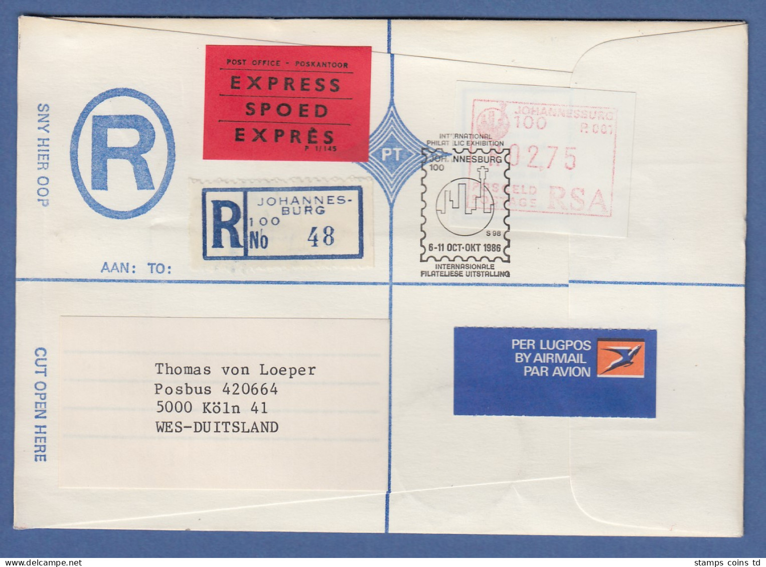 RSA 1986 Sonder-ATM Johannesburg Mi.-Nr 2 Hoher Wert 2,75 Auf R-Expr.-Brief - Automatenmarken (Frama)