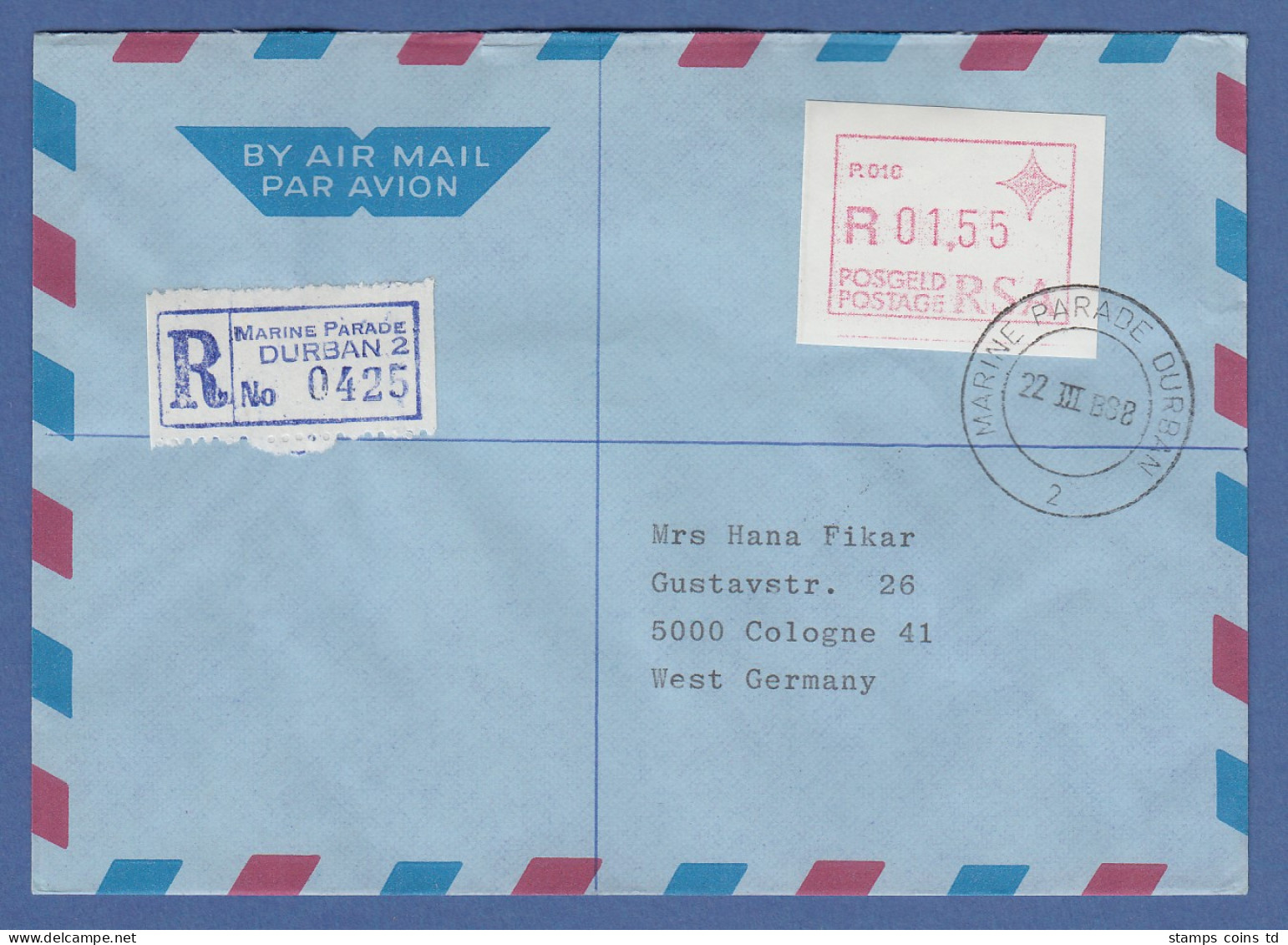 RSA Südafrika FRAMA-ATM Aus OA P.018 Durban Wert 01,55 Auf R-Brief Nach D - Viñetas De Franqueo (Frama)