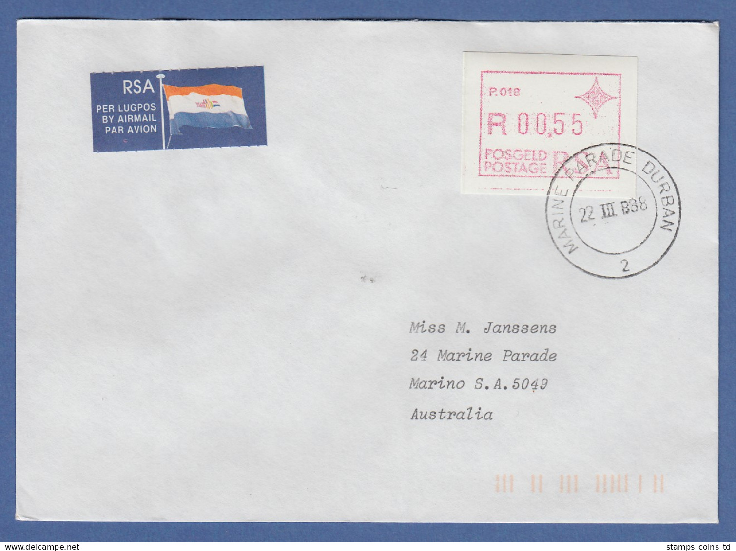 RSA Südafrika FRAMA-ATM Aus OA P.018 Durban Wert 00,55 Auf Brief Nach Australien - Frankeervignetten (Frama)