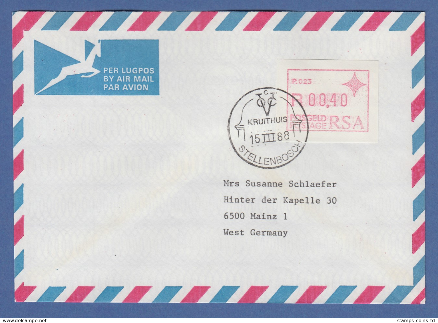 RSA Südafrika FRAMA-ATM Aus OA P.023 Stellenbosch 00,40 TP Auf FDC 15.3.88 ! - Automatenmarken (Frama)