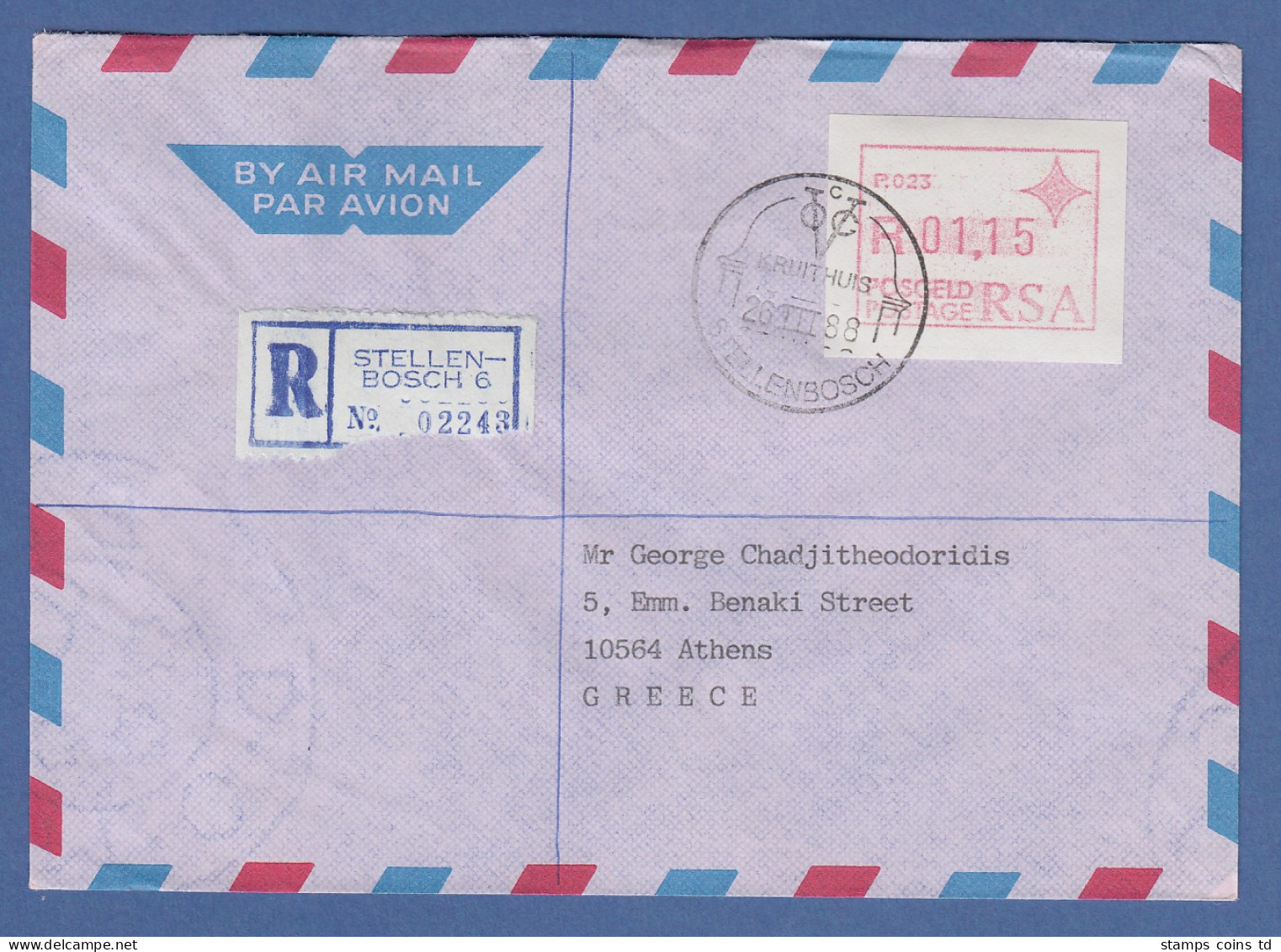 RSA Südafrika FRAMA-ATM Aus OA P.023 Stellenbosch 01,15 TP Auf Auslands-R-Brief - Frankeervignetten (Frama)
