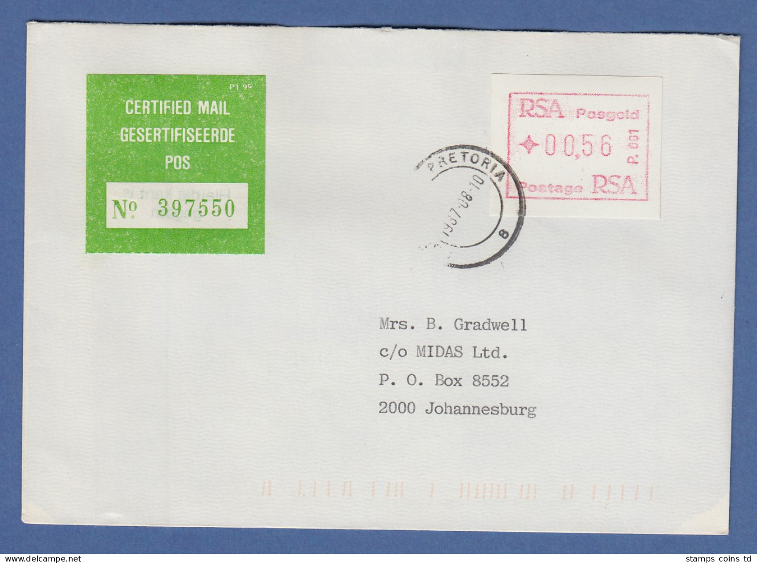 RSA Südafrika FRAMA-ATM Aus OA P.001 Pretoria Wert 00.56 Auf Certified-Brief - Viñetas De Franqueo (Frama)