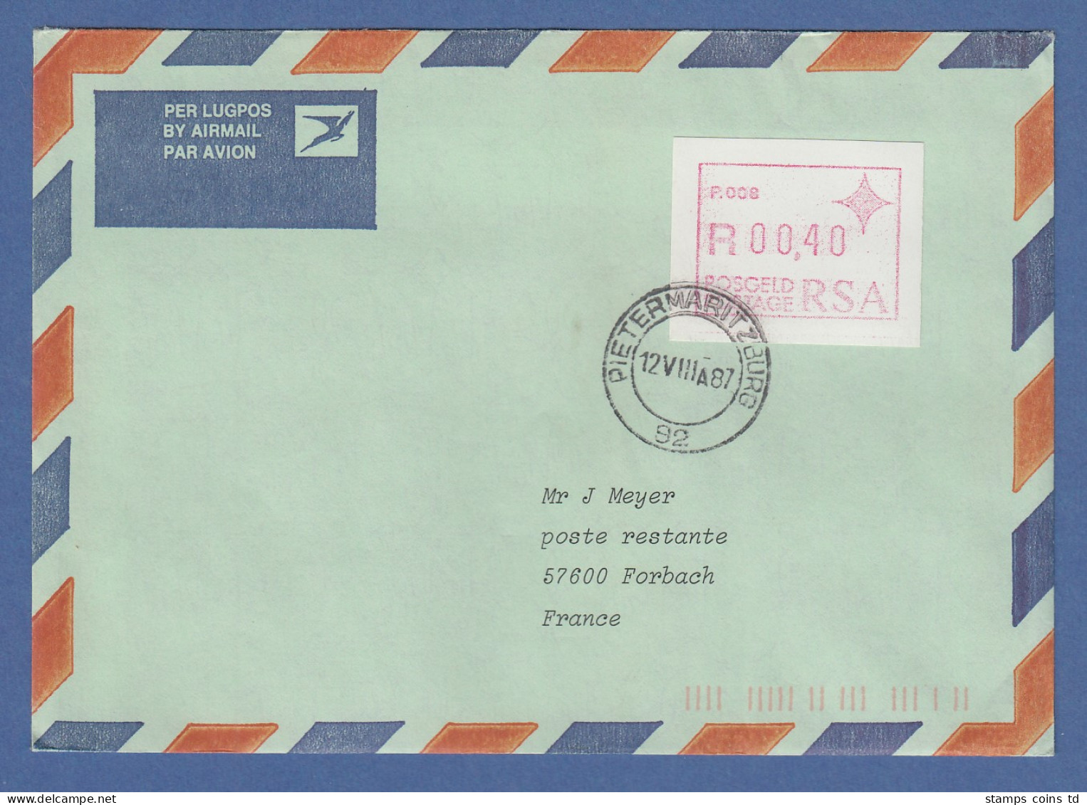 RSA Südafrika FRAMA-ATM Aus OA P.008 Pietermaritzburg Wert 00,40 Auf Ausl.-Brief - Frama Labels
