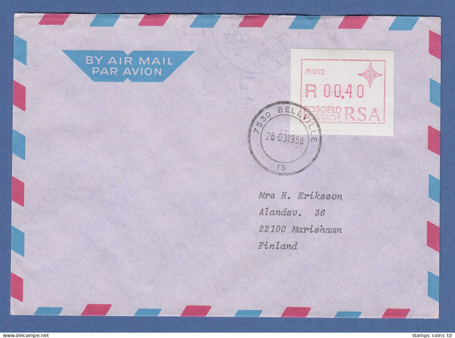 RSA Südafrika FRAMA-ATM Aus OA P.012 Bellville Wert 00,40 Auf Brief N. Finnland - Viñetas De Franqueo (Frama)