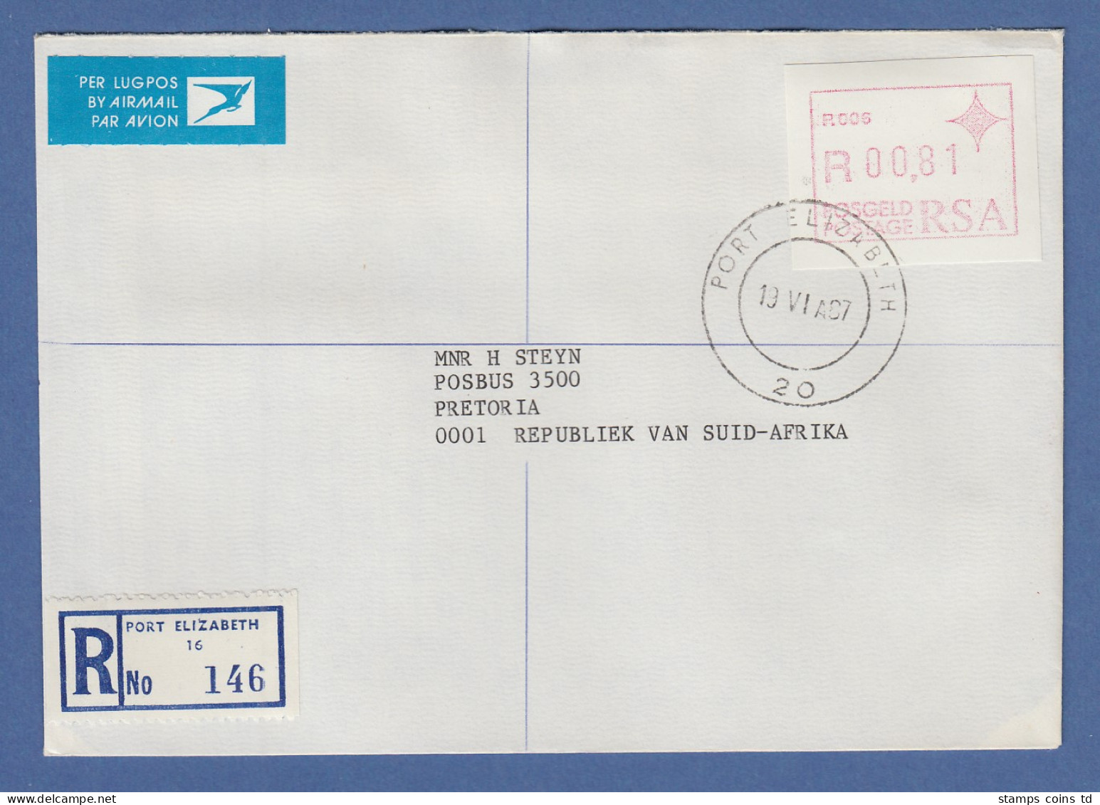 RSA Südafrika FRAMA-ATM Aus OA P.006 Port Elizabeth Wert 0,81 Auf Inl.-R-Brief - Frama Labels