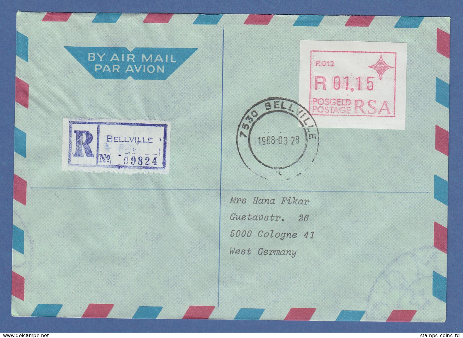 RSA Südafrika FRAMA-ATM Aus OA P.012 Bellville TESTPAPIER Wert 01,15 Auf R-Brief - Frama Labels