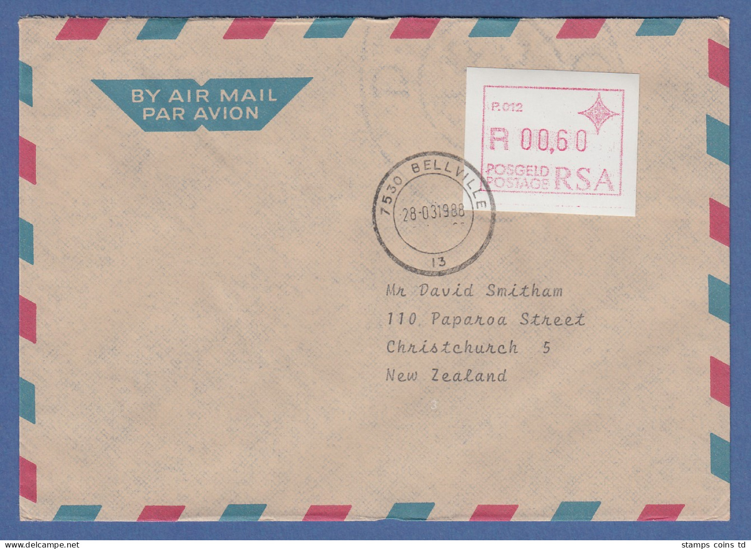 RSA Südafrika FRAMA-ATM Aus OA P.012 Bellville Wert 00,60 Auf Brief Nach NZL - Vignettes D'affranchissement (Frama)