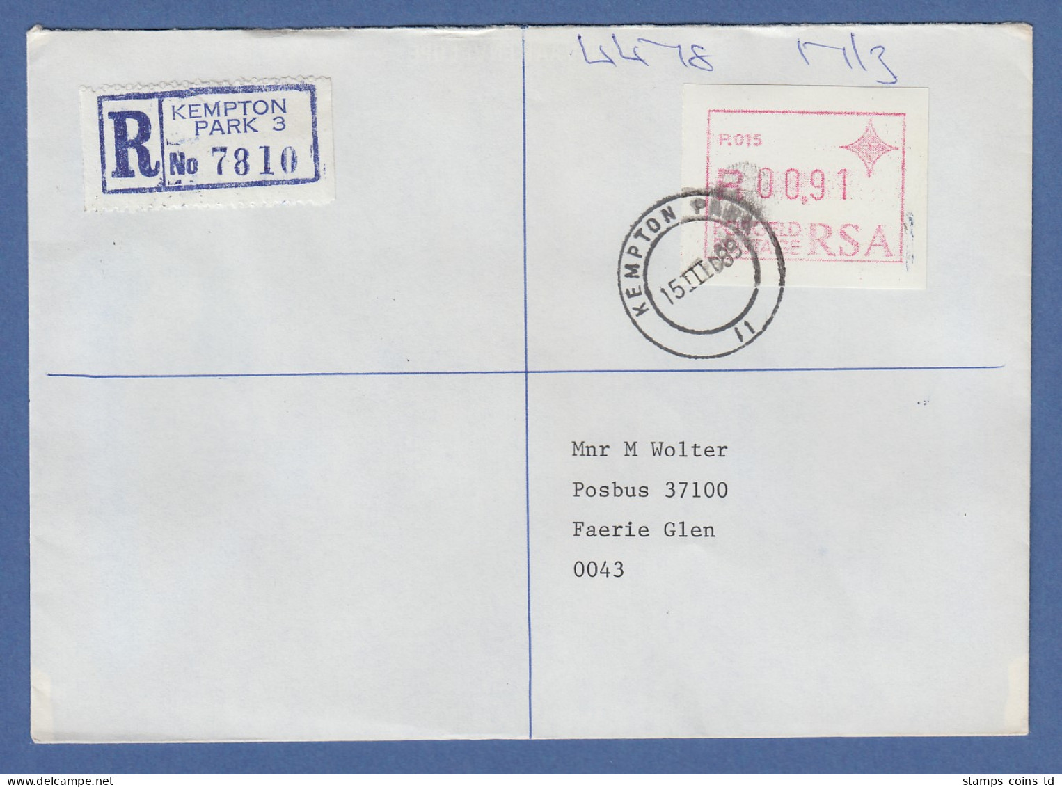 RSA Südafrika FRAMA-ATM Aus OA P.015 Kempton Park Wert 00,91 Auf R-FDC  - Vignettes D'affranchissement (Frama)