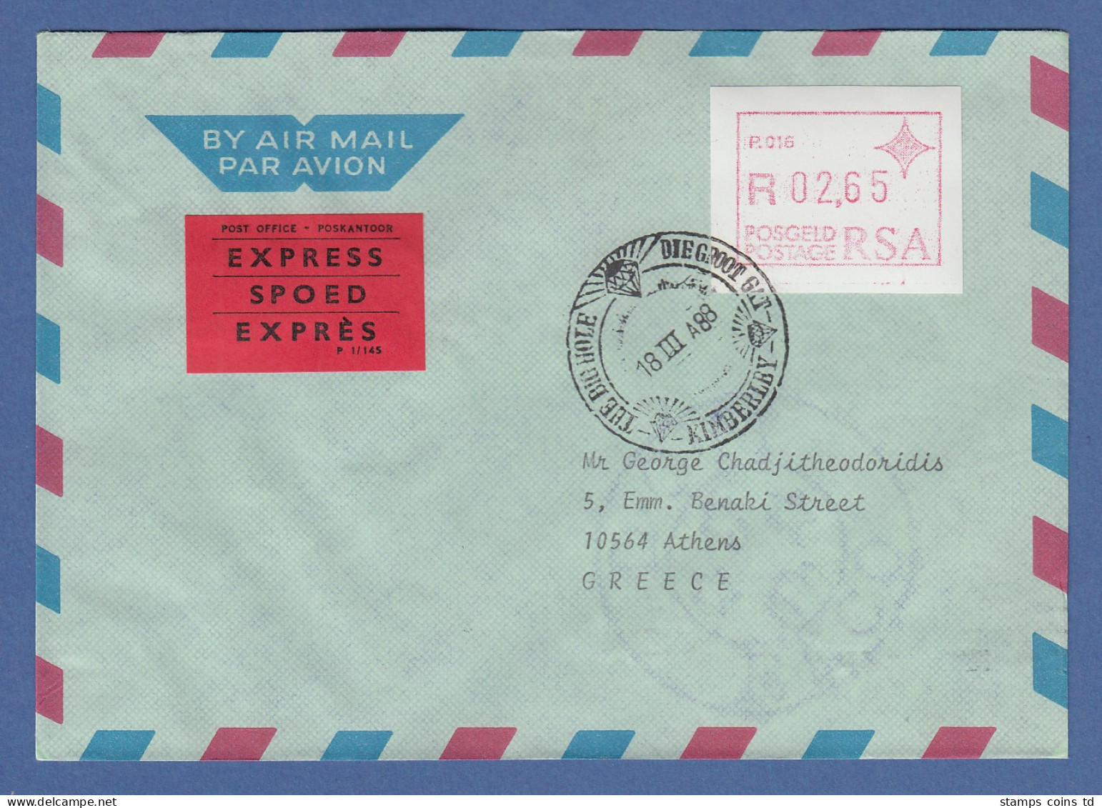RSA Südafrika FRAMA-ATM Aus OA P.016 Kimberley Wert 02,65 Auf Expr.Brief Nach GR - Viñetas De Franqueo (Frama)