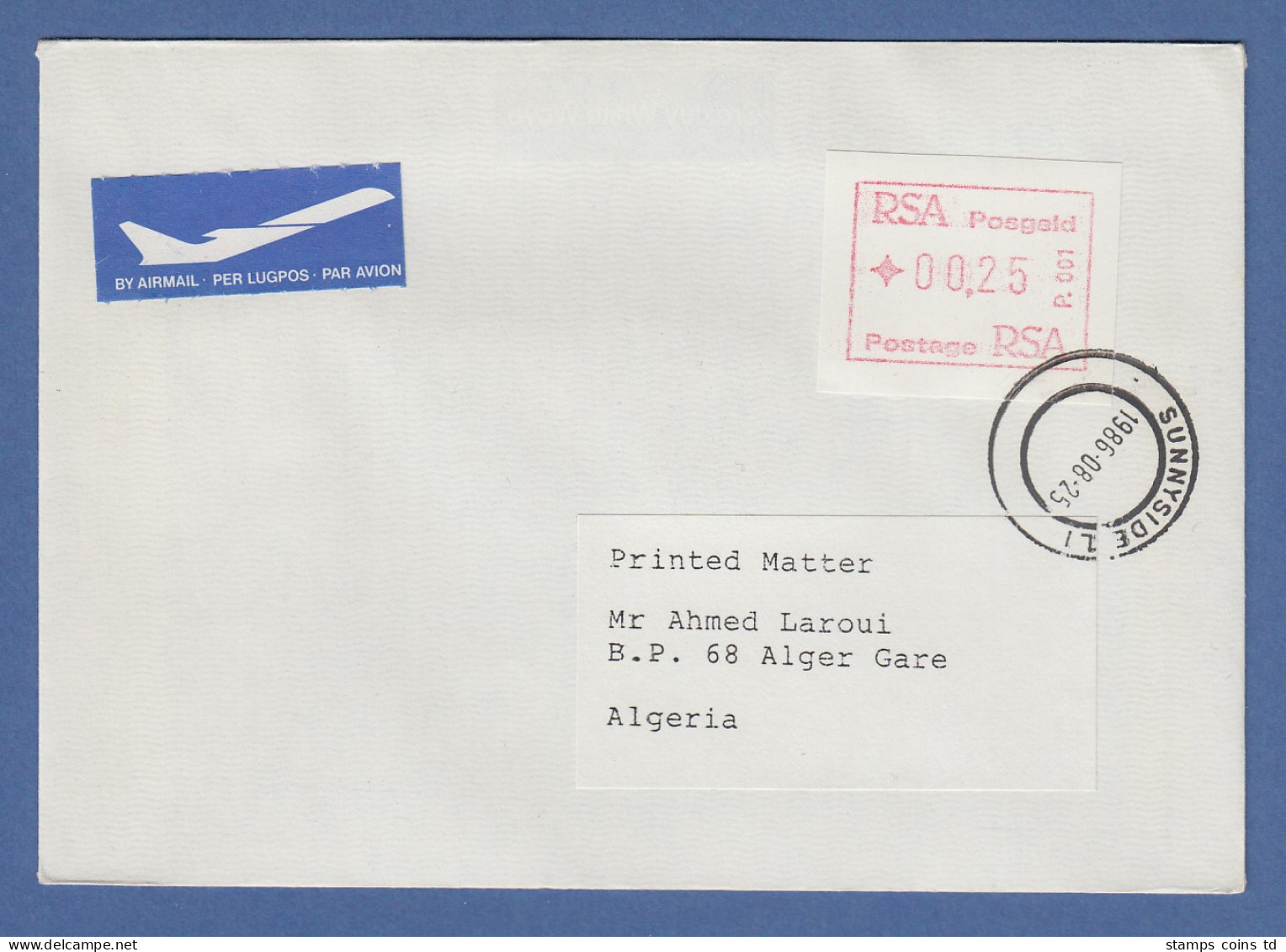 RSA Südafrika FRAMA-ATM Aus OA P.001 Pretoria Wert 00.25 Auf Brief Nach Algerien - Vignettes D'affranchissement (Frama)