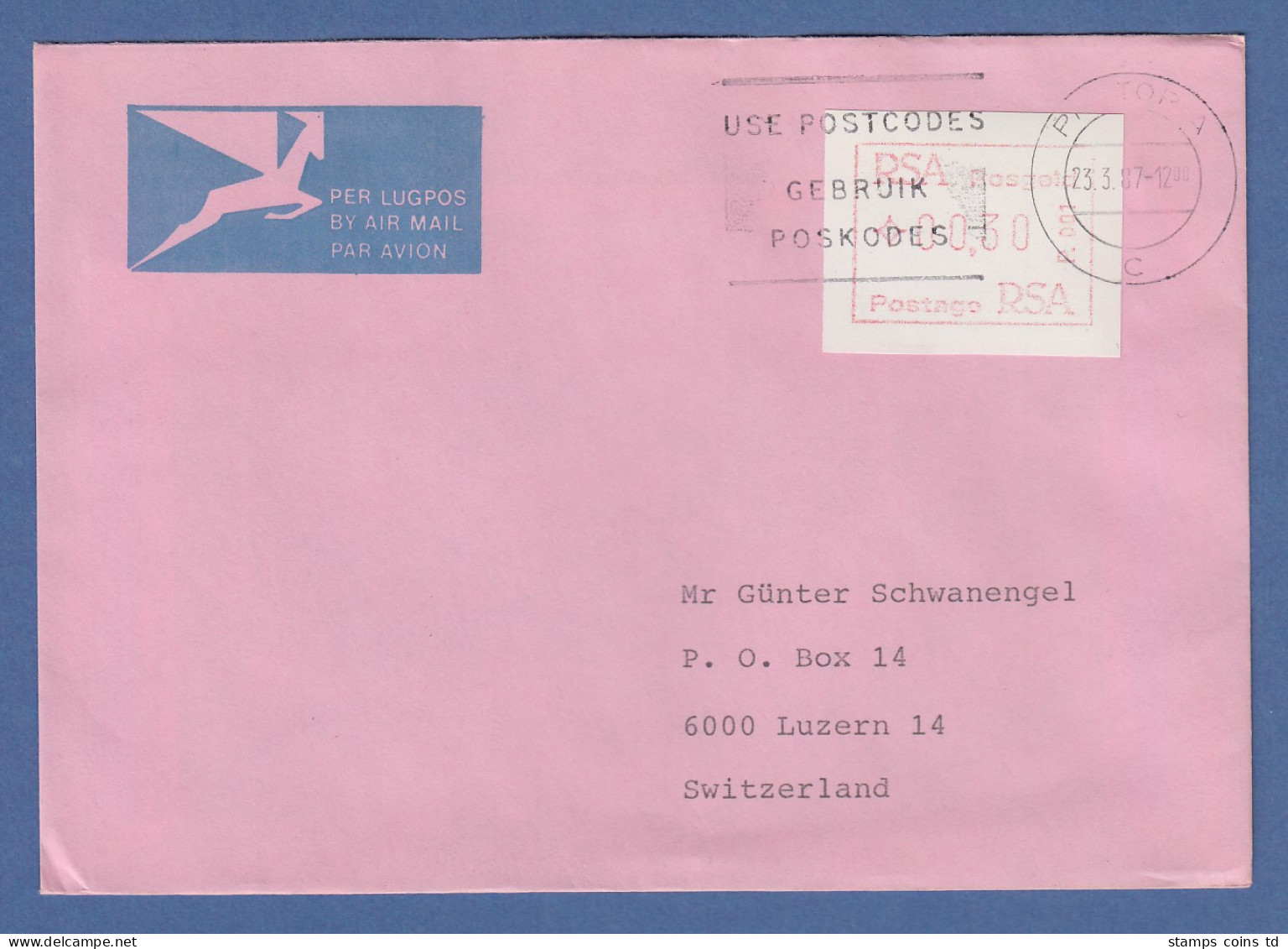 RSA Südafrika FRAMA-ATM Aus OA P.001 Pretoria  00,30 Auf Brief In Die Schweiz - Frankeervignetten (Frama)