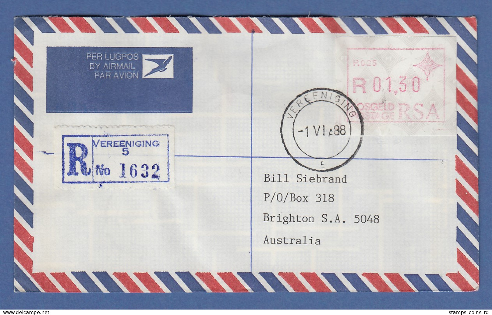 RSA Südafrika FRAMA-ATM Aus OA P.025 Vereeniging 01,30 Auf R-FDC Nach Australien - Viñetas De Franqueo (Frama)