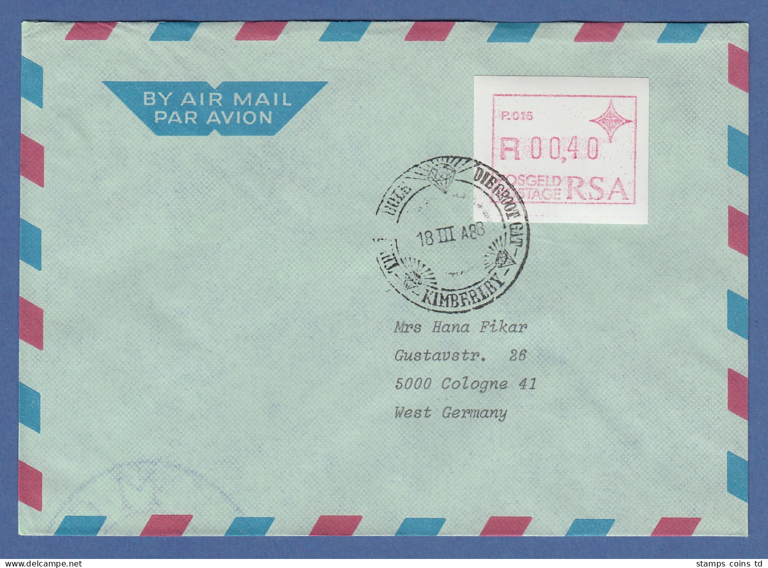 RSA Südafrika FRAMA-ATM Aus OA P.016 Kimberley Wert 00,40 Auf Brief Nach D - Automatenmarken (Frama)