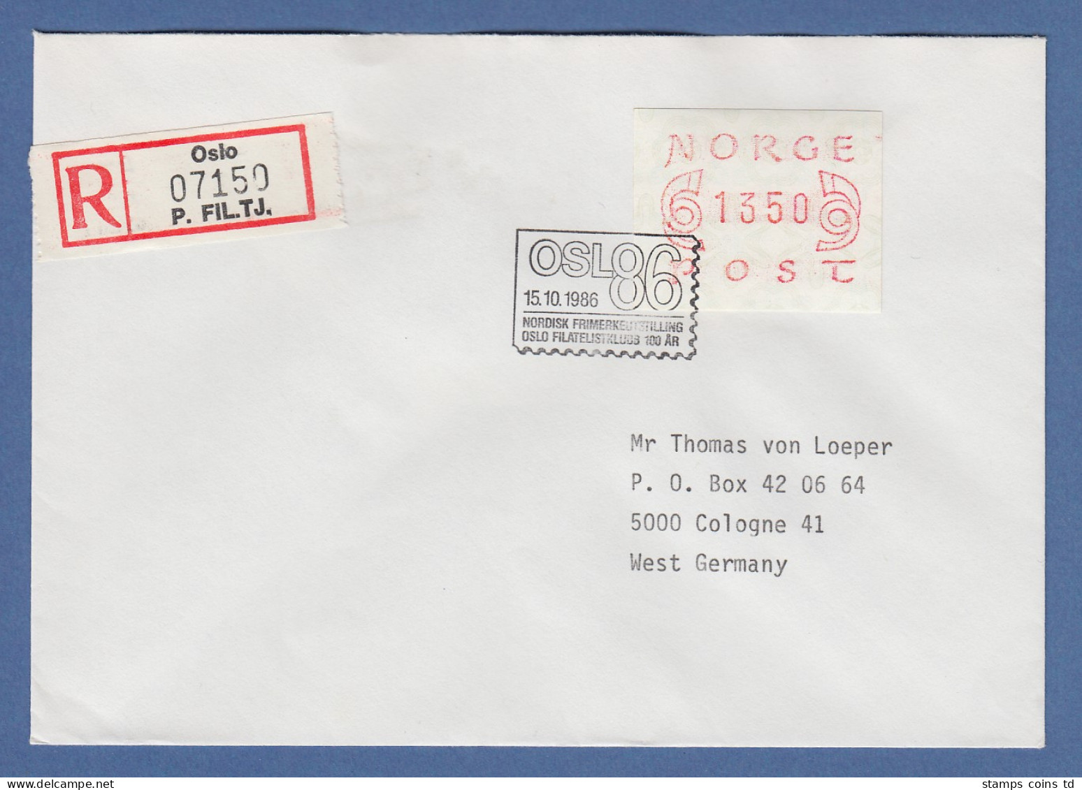 Norwegen 1980 FRAMA-ATM Mi.-Nr. 2.2b Wert 1350 Auf R-LDC O OSLO'86 15.10.86 -> D - Machine Labels [ATM]