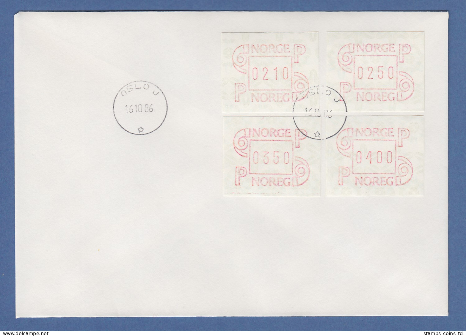 Norwegen 1986 FRAMA-ATM Mi.-Nr. 3.1b Satz 210-250-350-400 Auf Blanco-FDC O OSLO - Machine Labels [ATM]