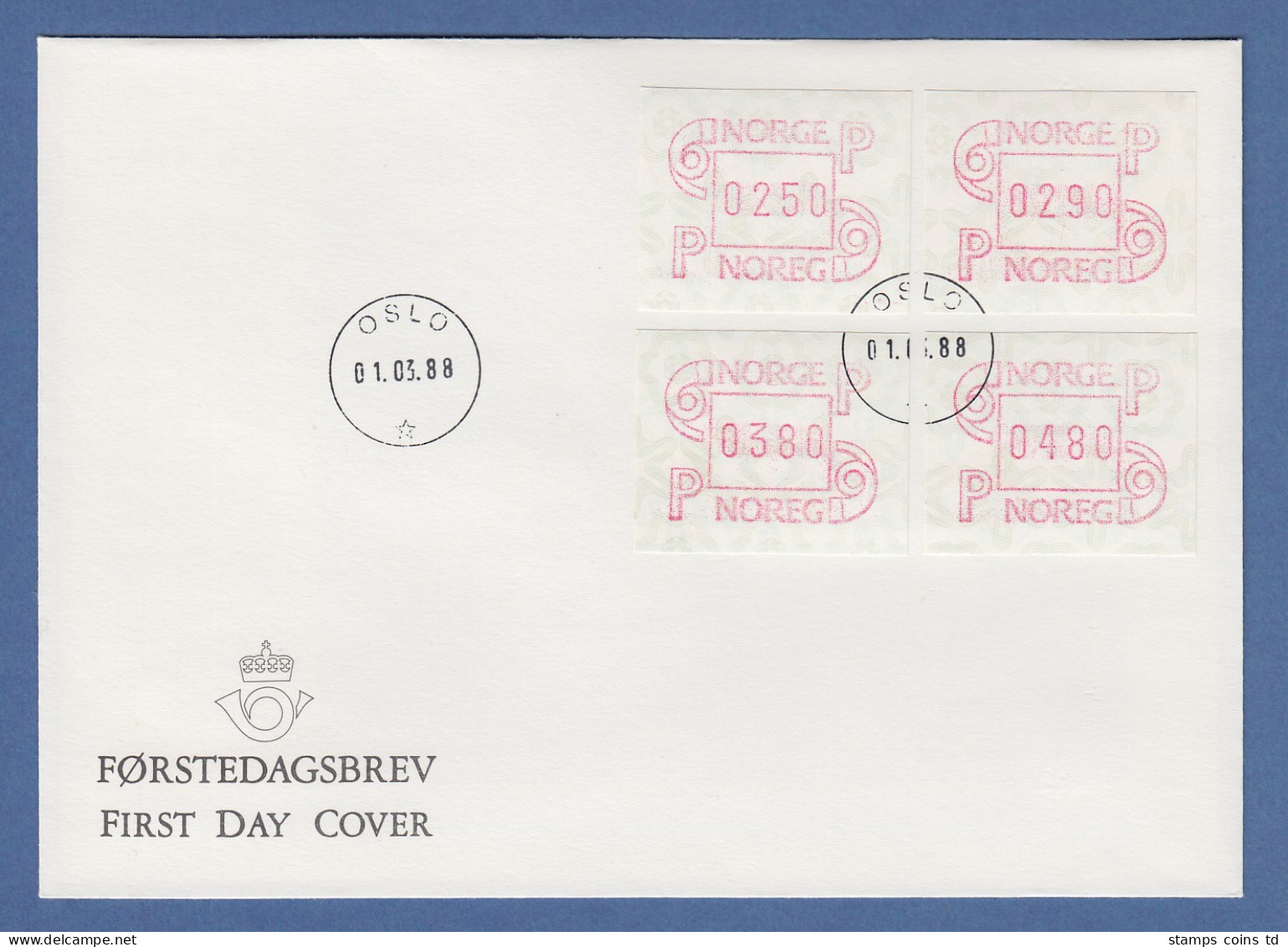 Norwegen 1986 FRAMA-ATM Mi.-Nr. 3.2b Satz 250-290-380-480 Auf Tarif-FDC 1.3.88 - Vignette [ATM]