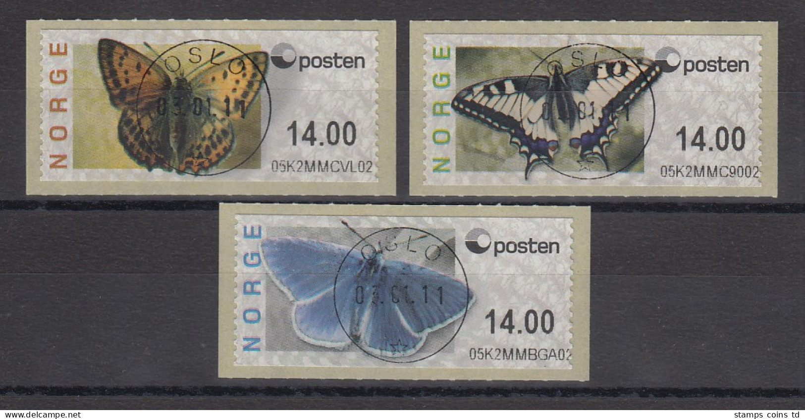 Norwegen 2008 ATM Schmetterlinge Neues Logo Mi-Nr 10-12 Je Wert 14.00 Gestempelt - Automatenmarken [ATM]