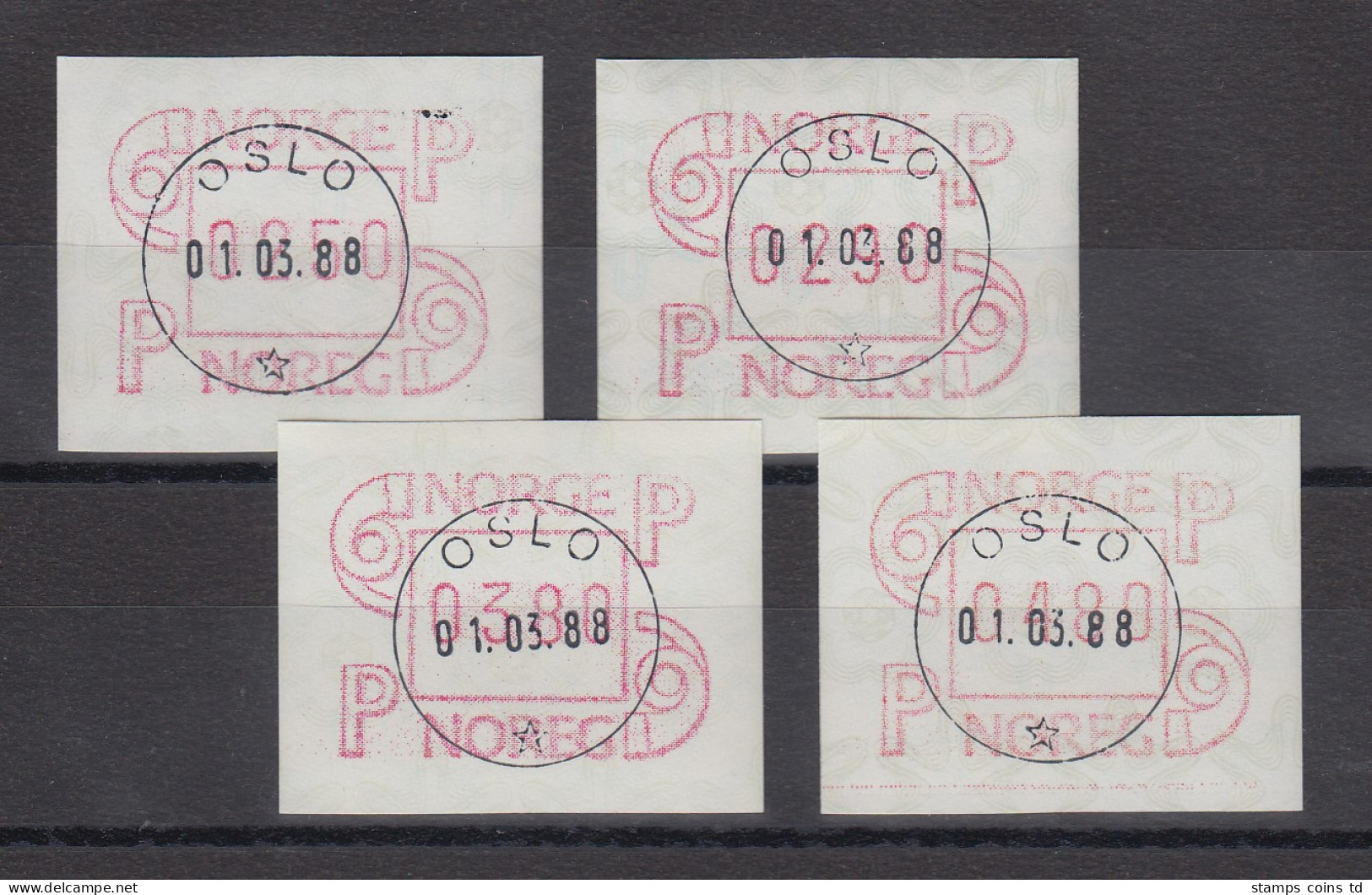 Norwegen 1986 FRAMA-ATM Mi.-Nr. 3.2b Satz 250-290-380-480 Mit Tarif ET-O 1.3.88 - Machine Labels [ATM]