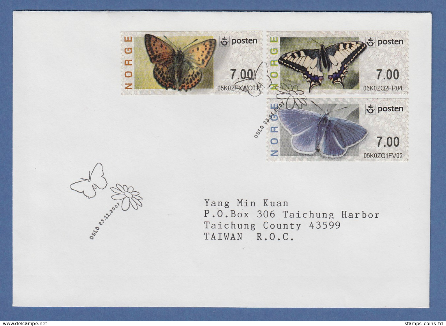 Norwegen 2008 ATM Schmetterlinge Altes Logo Mi-Nr 7-9 Je 7.00 Auf FDC -> Taiwan - Timbres De Distributeurs [ATM]