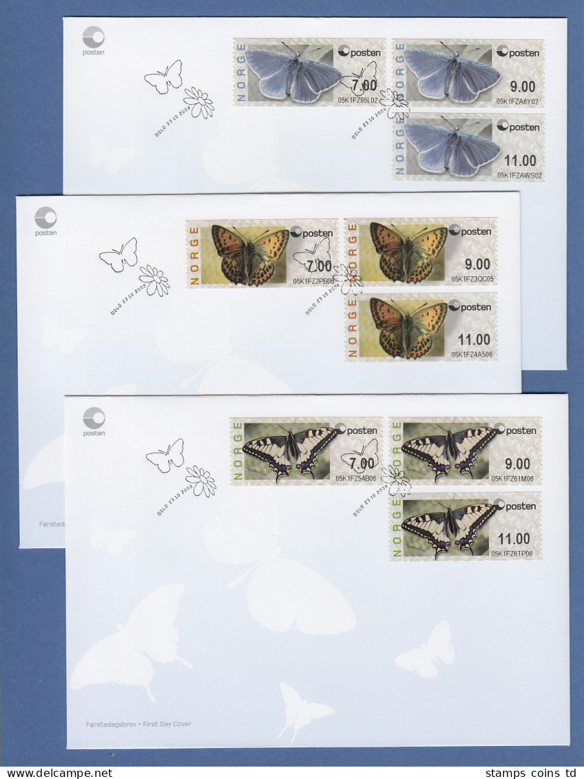 Norwegen 2008 ATM Schmetterlinge Neues Logo Mi-Nr 10-12 Je Satz 7-9-11 Auf 3 FDC - Viñetas De Franqueo [ATM]